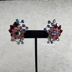 Vintage Red Rhinestone Clip On Earrings Flower Aurora Borealis 1960s Gold Tone